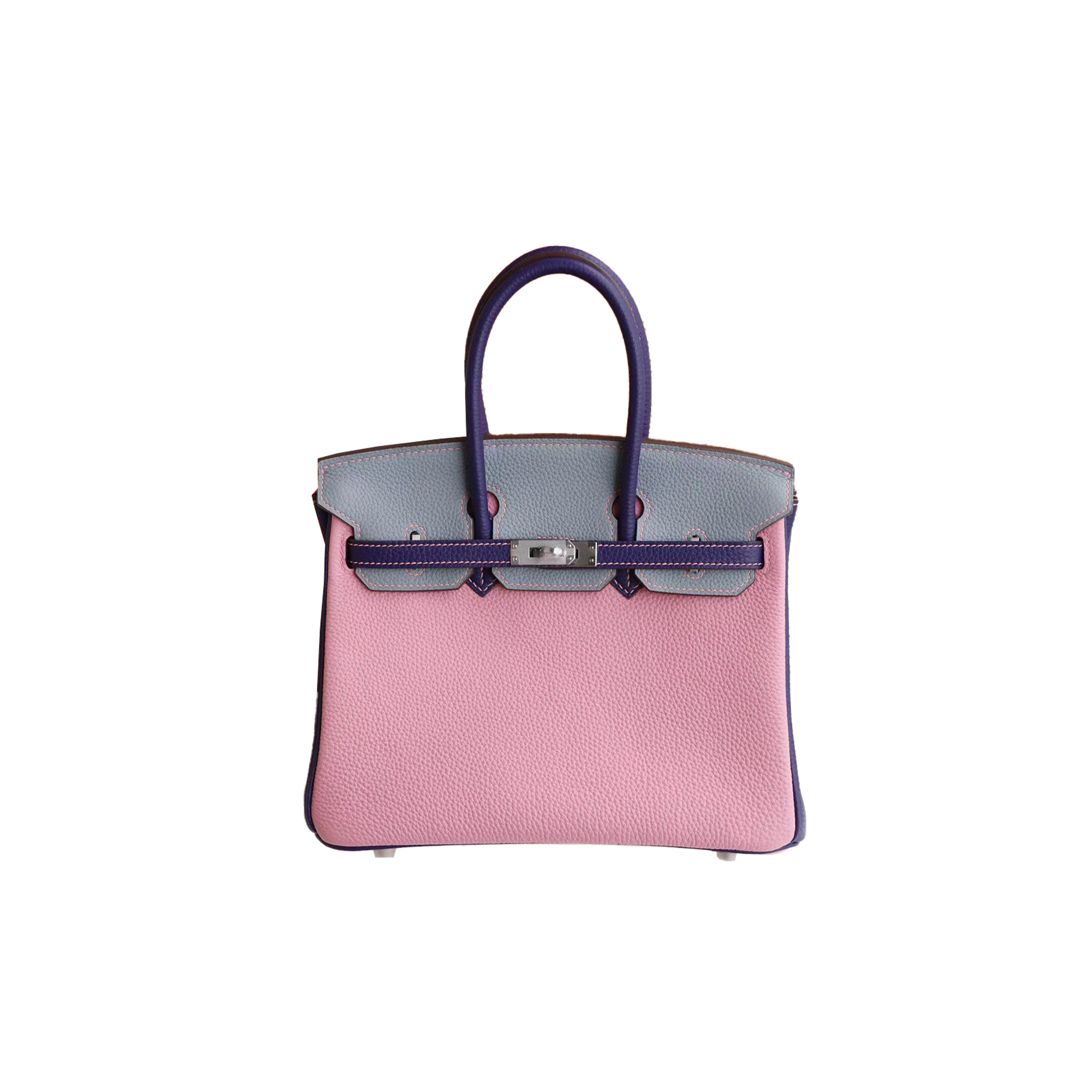 HERMÈS BIRKIN 25 TOGO LEATHER LINEN BLUE SWALLOWTAIL PURPLE MILKSHAKE PINK SILVER BUCKLE BAG H028365CC08 (25*20*13cm)